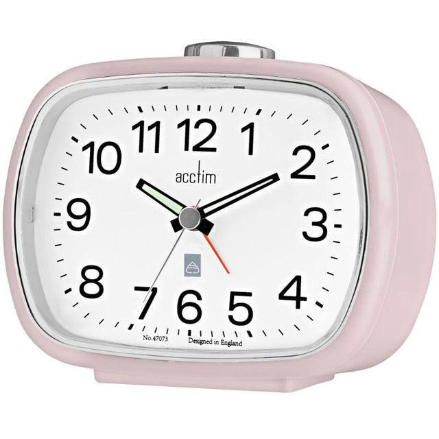 Elegant Acctim Camille alarm clock in English rose color with luminous hands and classic bell alarm function.