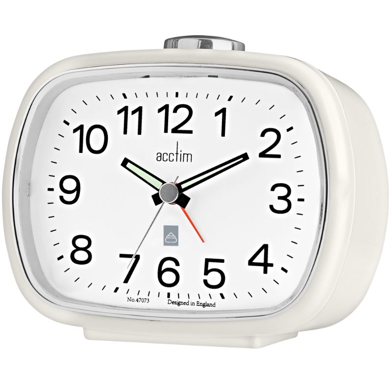 Cream Acctim Camille Alarm Clock with rose gold accents, luminous hands, snooze function, and vintage bell alarm.