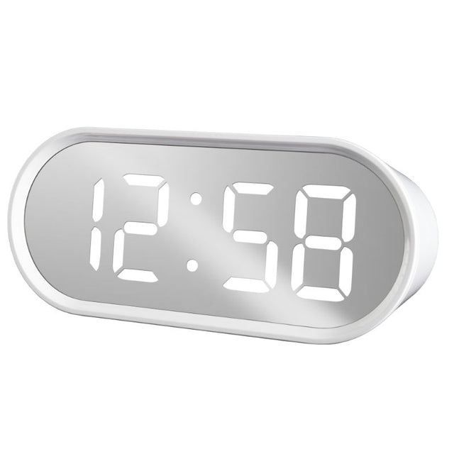 Stylish Acctim Cuscino 1.4" LED Clock with mirrored display, temperature, USB charging, and adjustable brightness.