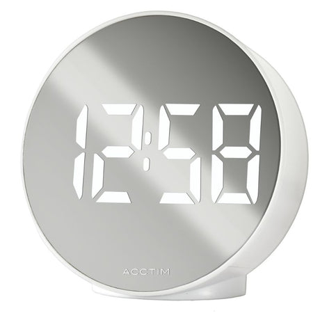 White LED clock with USB charging, 1.4" mirrored display, adjustable brightness, and indoor temperature feature.