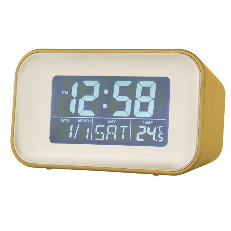 Stylish mustard LCD alarm clock with reflection display, dual alarms, and indoor temperature feature, measuring 10cm.