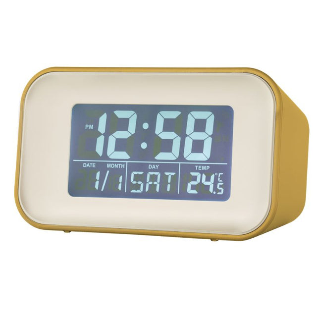 Stylish mustard LCD alarm clock with reflection display, dual alarms, and indoor temperature feature, measuring 10cm.