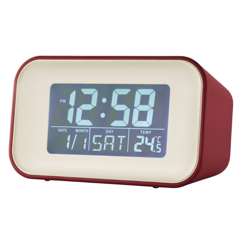 Spice Red LCD alarm clock featuring Reflection Display for easy night visibility, dual alarms, calendar, and temperature display.