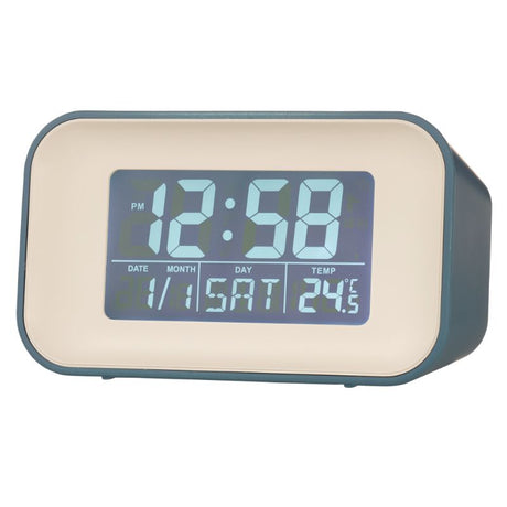 Stylish storm blue LCD alarm clock with reflection display, dual alarms, indoor temperature, and calendar features.