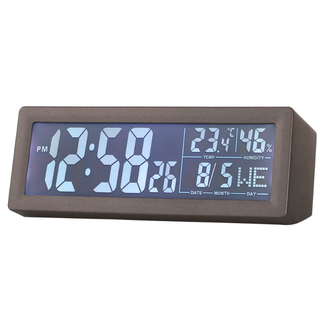 Sleek grey 14.7cm LCD clock with touch snooze, blue backlight, and indoor environment monitoring functions.