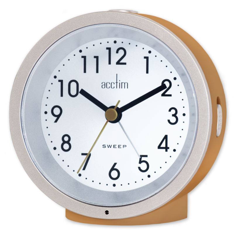 Stylish Dijon Yellow alarm clock with Smartlite® backlight, non-ticking mechanism, and easy-to-read Arabic numbers.