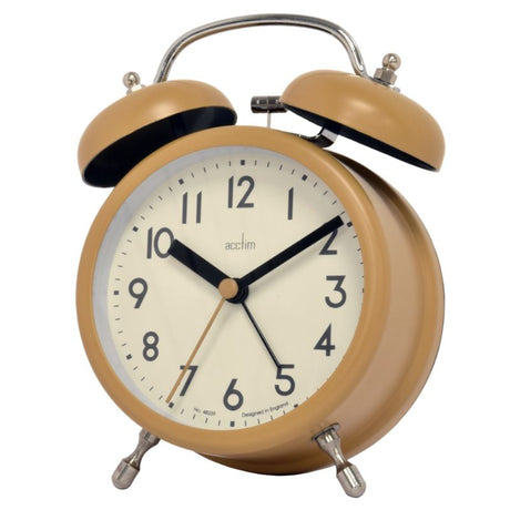 Dijon Yellow retro double bell alarm clock with chrome accents, metal case, and quiet sweep movement.