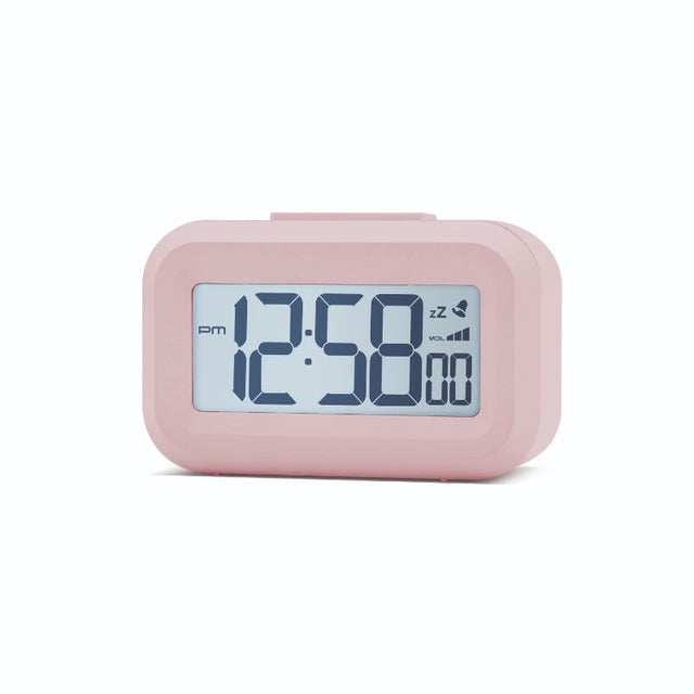 Compact LCD alarm clock in Peach Bellini with white backlight, snooze feature, and volume control, ideal for any bedside.