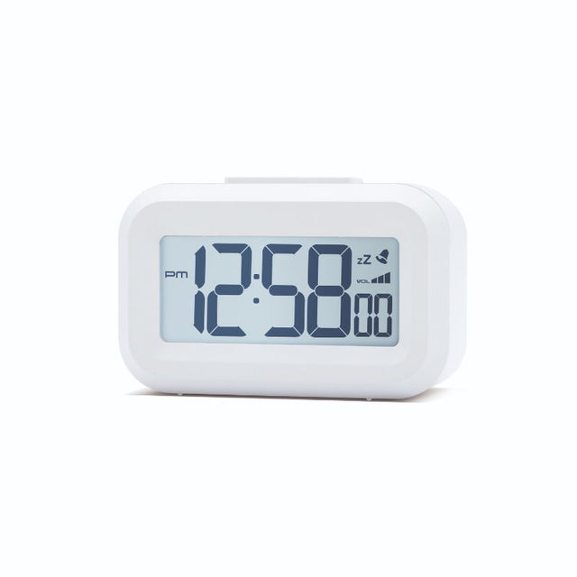 Compact white LCD alarm clock with backlight, snooze function, and volume control for easy mornings.