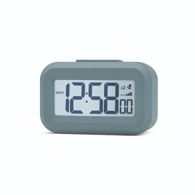 Compact mineral blue LCD alarm clock with white backlight, snooze, and volume control for easy use and stylish decor.