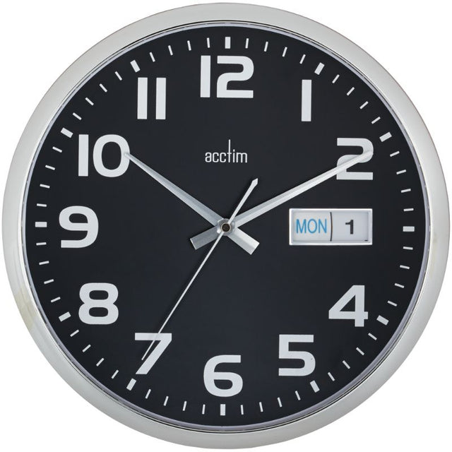 Elegant 32cm black dial wall clock with day/date display, durable chrome case, and quartz movement for accurate timekeeping.