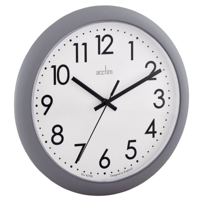 Elegant grey wall clock with gloss finish and quartz movement, perfect for stylish home decor.