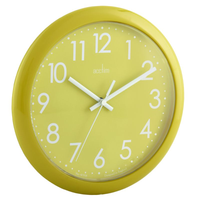 Stylish lime green wall clock with gloss finish, quartz movement, and durable plastic lens, perfect for any room.