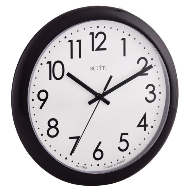 Stylish Acctim Abingdon Black Wall Clock, 25.5cm, sleek design, precise quartz movement, perfect for modern decor.