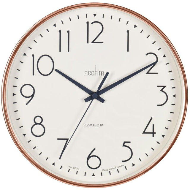 Copper wall clock with non-ticking sweep hand, 25cm, retro design, glass lens, perfect for any room decor.