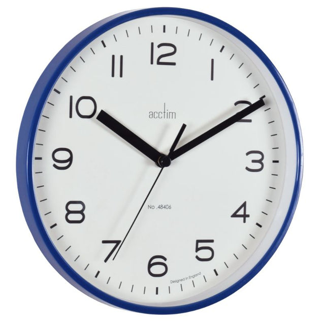 Acctim Runwell Midnight Wall Clock: 20cm, stylish midnight blue design, quartz movement, and slimline plastic case.