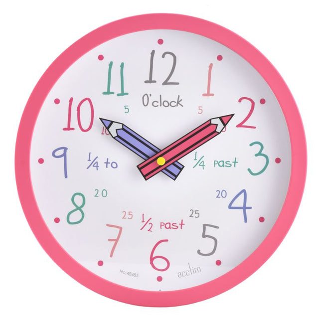 Bright pink wall clock for kids featuring playful pencil hands and 5-minute markers, perfect for learning to tell time.