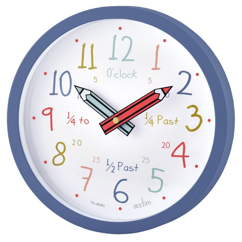 Bright blue educational wall clock with pencil hands, 26cm diameter, perfect for teaching kids to tell time.