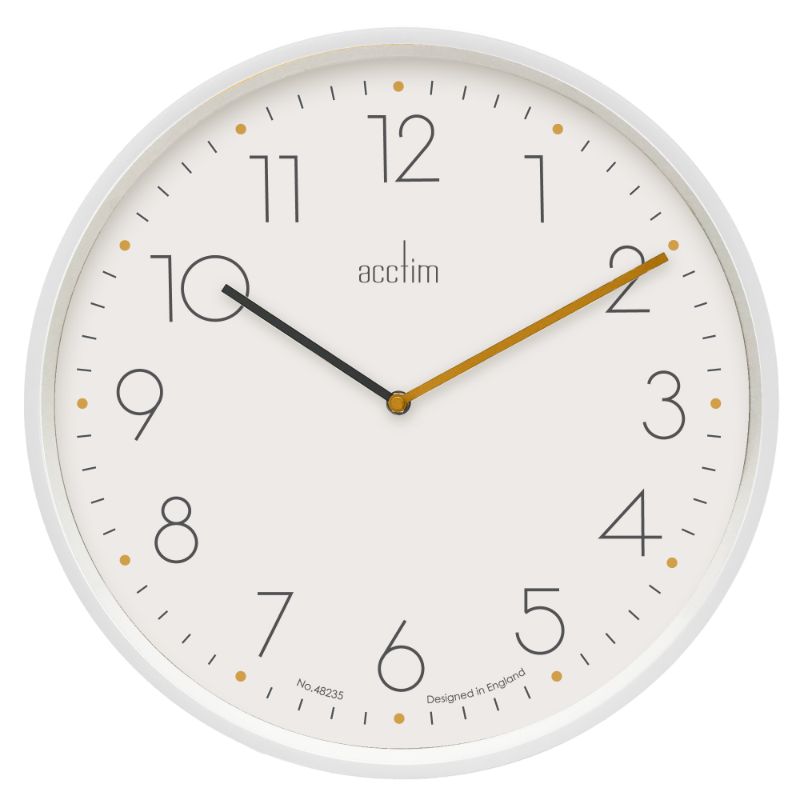 Elegant 35cm white wall clock with minimalist design and colorful minute hand, perfect for modern home decor.