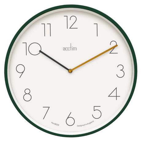 Stylish 35cm Acctim Taby Lotus Green Wall Clock with minimalistic design and white dial for contemporary interiors.