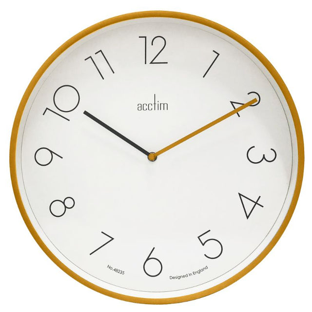 Contemporary 40cm Acctim Kista wall clock in Dijon yellow, featuring offset numbers and quartz movement for stylish timekeeping.