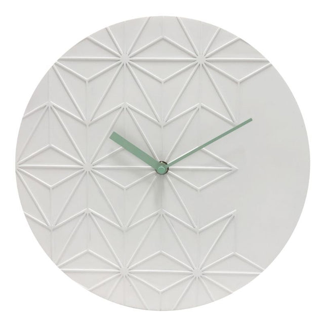 Contemporary 30cm white resin wall clock with geometric design and colored hands for stylish timekeeping.