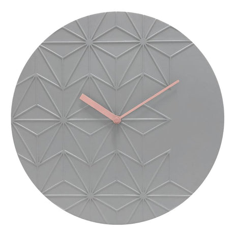Contemporary 30cm grey resin wall clock with geometric patterns and open-dial hands, perfect for stylish home decor.