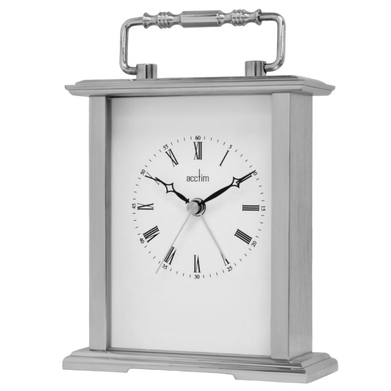 Silver Acctim Gainsborough Carriage Clock with Roman dial, polished metal case, and alarm function, 14.5cm in size.