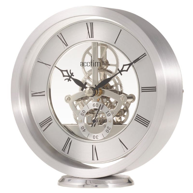 Elegant silver skeleton mantel clock with quartz movement and polished glass lens, perfect for any decor.