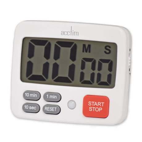 Easy Timer - Acctim White: Versatile 100-min timer with large display, LED light, and multiple mounting options.