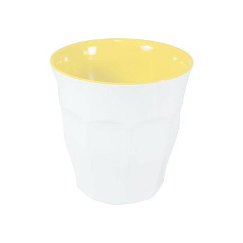 Set of 6 Jab Sorbet Tumblers in vibrant lemon and white, made of durable melamine for hot or cold beverages, dishwasher safe.