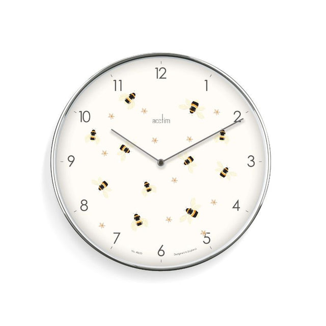 30cm Acctim Society wall clock featuring bee and flower designs, chrome frame, and foil embossed Arabic dial.