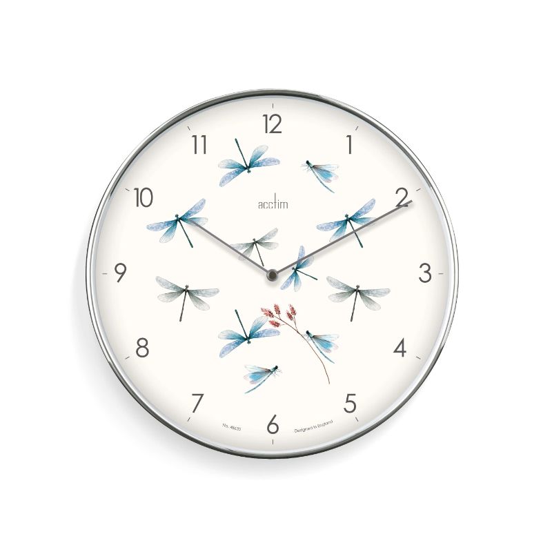 30cm Acctim Society Dragonfly Wall Clock with floral design and chrome frame, perfect for home decor and functionality.