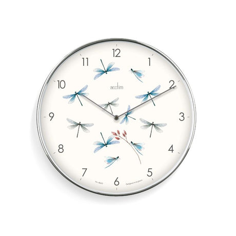 30cm Acctim Society Dragonfly Wall Clock with floral design and chrome frame, perfect for home decor and functionality.