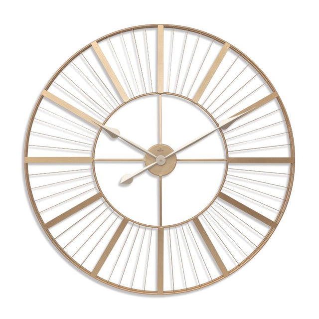 Gold indoor/outdoor wall clock, 80cm, with sunray batons and weather-resistant movement for stylish timekeeping.
