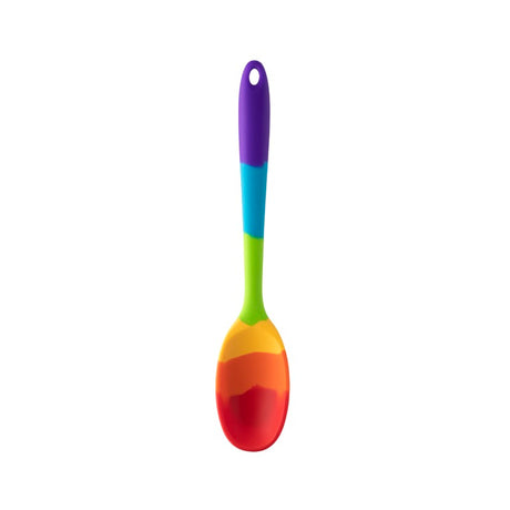 Vibrant silicone spoon with steel core, heat resistant up to 260°C, perfect for mixing and serving dishes.