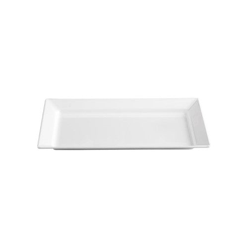 Stylish 44cm rectangular white melamine platter, durable and perfect for both indoor and outdoor serving needs.