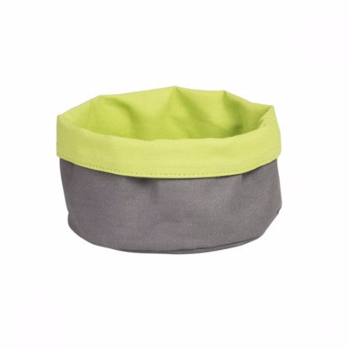 Chic round charcoal and lime canvas bread bag, 170x70mm, keeps bread fresh with a stylish drawstring closure.