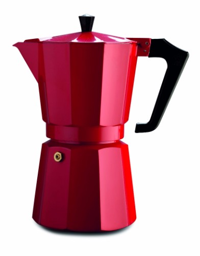 Pezzetti Red Italexpress Aluminium Coffee Maker brews 14 cups of authentic Italian espresso in a vibrant red design.