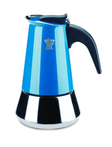 Pezzetti Teal SteelExpress Espresso Maker, stylish 4-cup stovetop brewer for rich, aromatic coffee on induction cooktops.