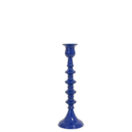 Elegant blue aluminium candle holder, 8x8x24cm, ideal for home decor and showcasing candles.