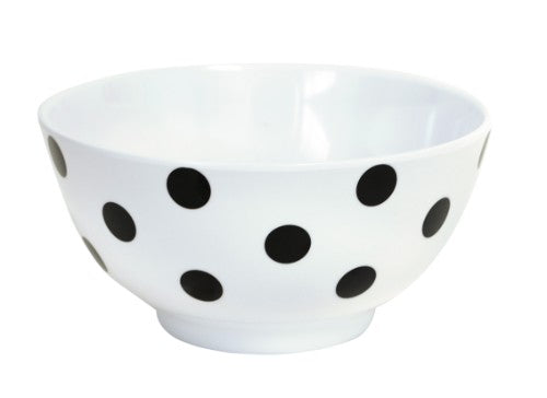 Set of 6 black-dotted melamine bowls, 15cm, stylish and durable for casual or elegant dining, dishwasher safe.