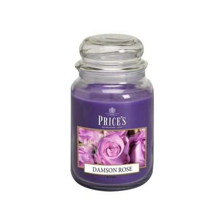 Prices Damson Rose Large Jar candle with elegant design, 175mm tall, offers 150 hours of soothing Damson Rose fragrance.