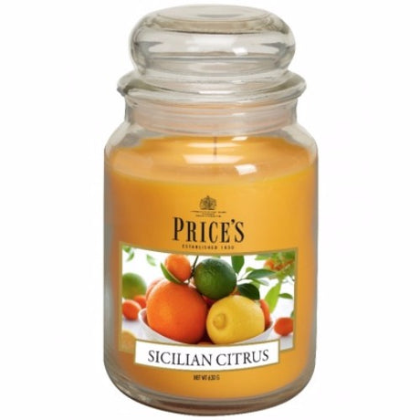 Prices Sicilian Citrus Large Jar candle, hand-poured, 175mm tall, refreshing citrus scent, 150-hour burn time.