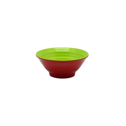 Set of 6 lime green and red mini ripple dip dishes, stylish melamine, perfect for serving snacks and appetizers.