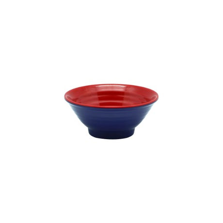 Set of 6 red and navy melamine mini ripple dip dishes, designed for stylish, durable serving and entertaining.