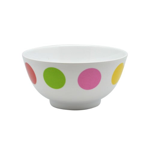 Set of 6 playful polka dot melamine bowls, 15cm, durable, dishwasher safe, perfect for dining and serving snacks.