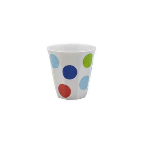 Set of 6 vibrant polka dot tumblers, crafted from durable melamine, perfect for drinks at home or outdoor events.