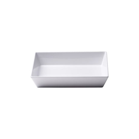 Elegant white rectangular melamine dish, 25 x 15 x 7 cm, scratch-resistant and dishwasher safe, ideal for all dining occasions.