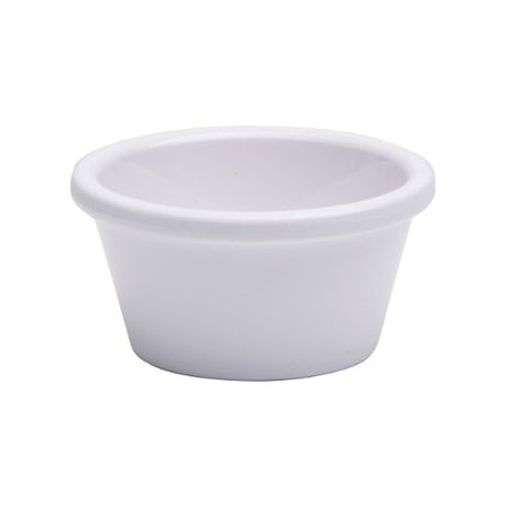 Set of 6 durable white melamine ramekins with a plain edge, perfect for sauces, desserts, and appetizers, 175ml capacity.